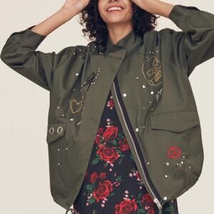 H&M Divided Jacket Army Green Utility Jacket Drawstring Studded Patchwork Sz14